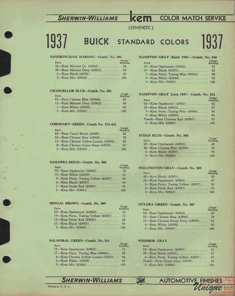 1937 Buick Paint Charts Williams 2